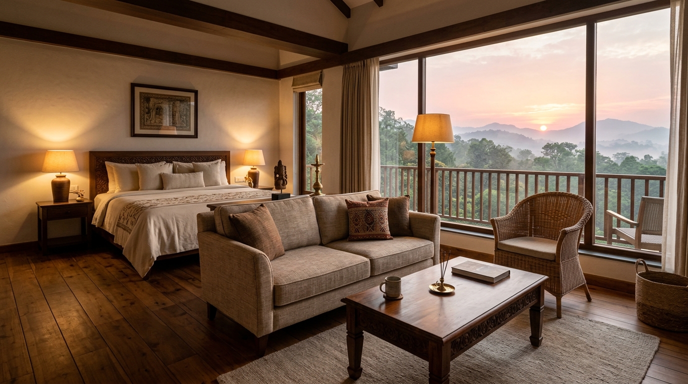 Luxury Bastar Suite with panoramic windows and lounge at Dandami Resort