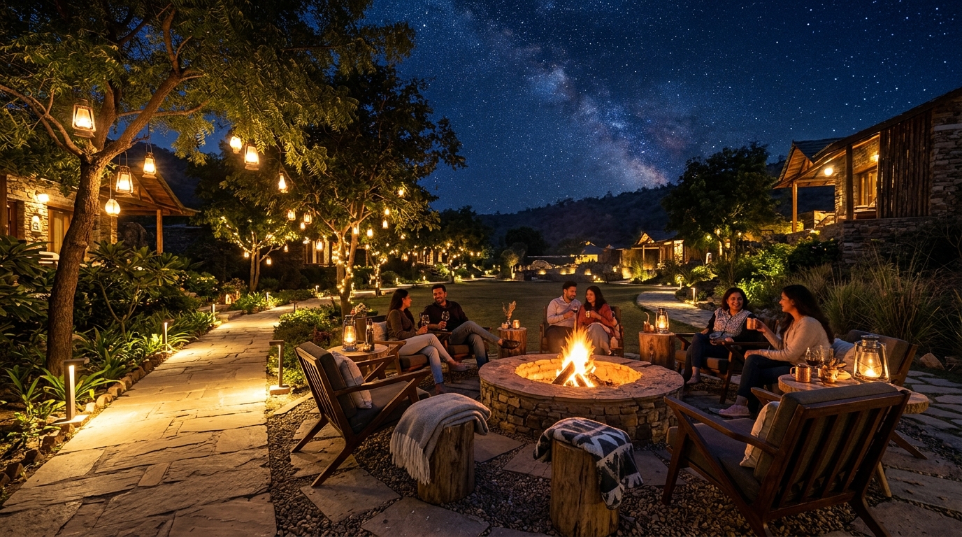 Evening fire pit and hospitality desk at Dandami Luxury Resort