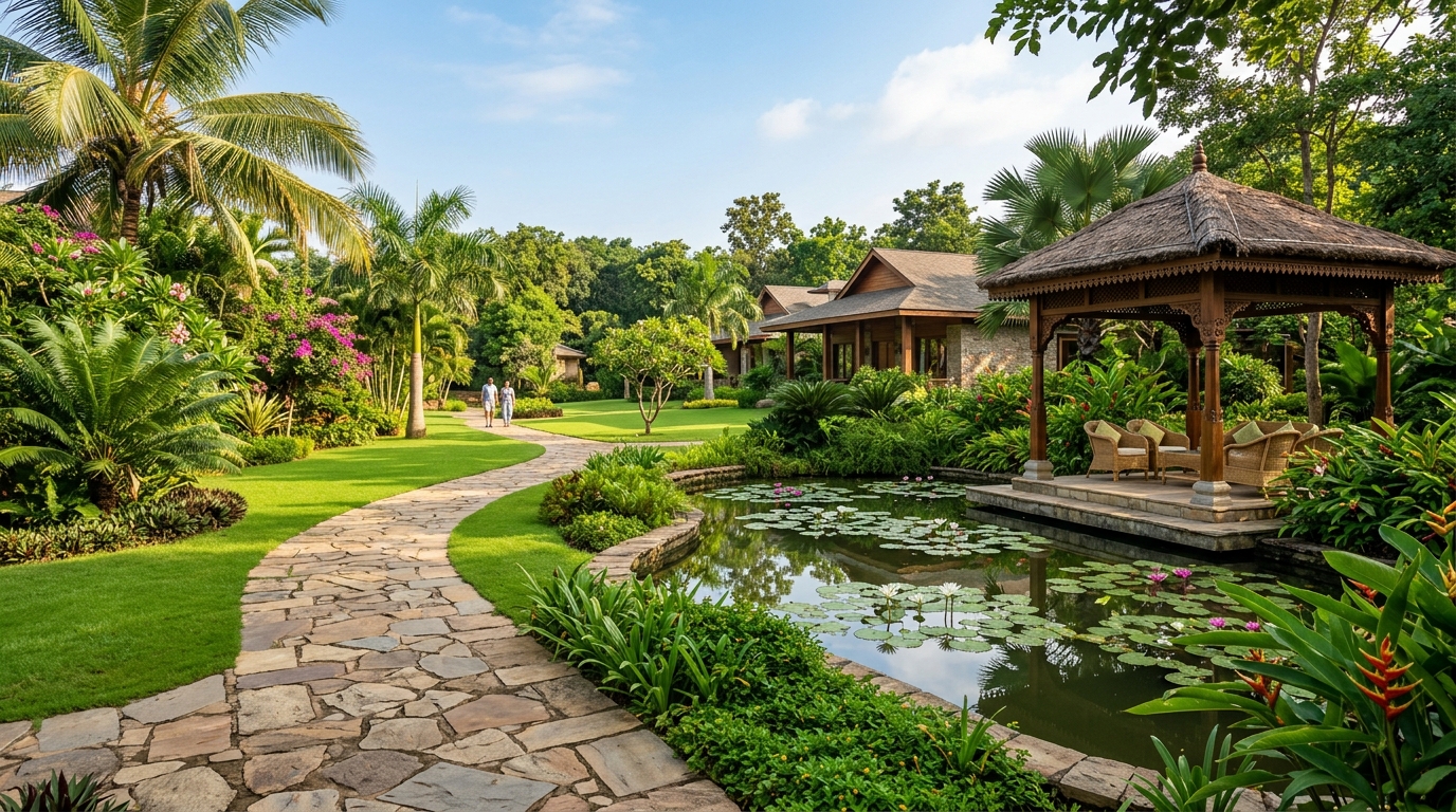 Manicured garden grounds and peaceful pathways at Dandami Luxury Resort